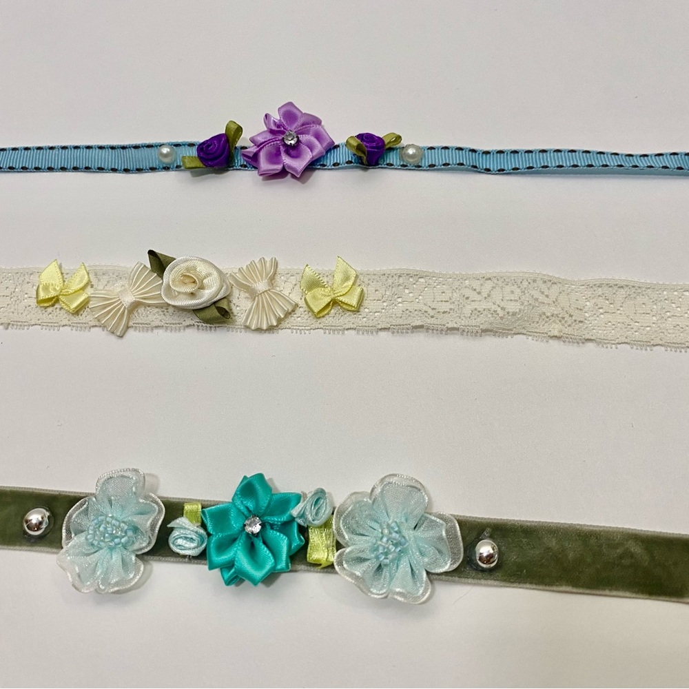 3 Artisan Floral Chokers or headband Set - Blue, Grey and Cream ribbons.